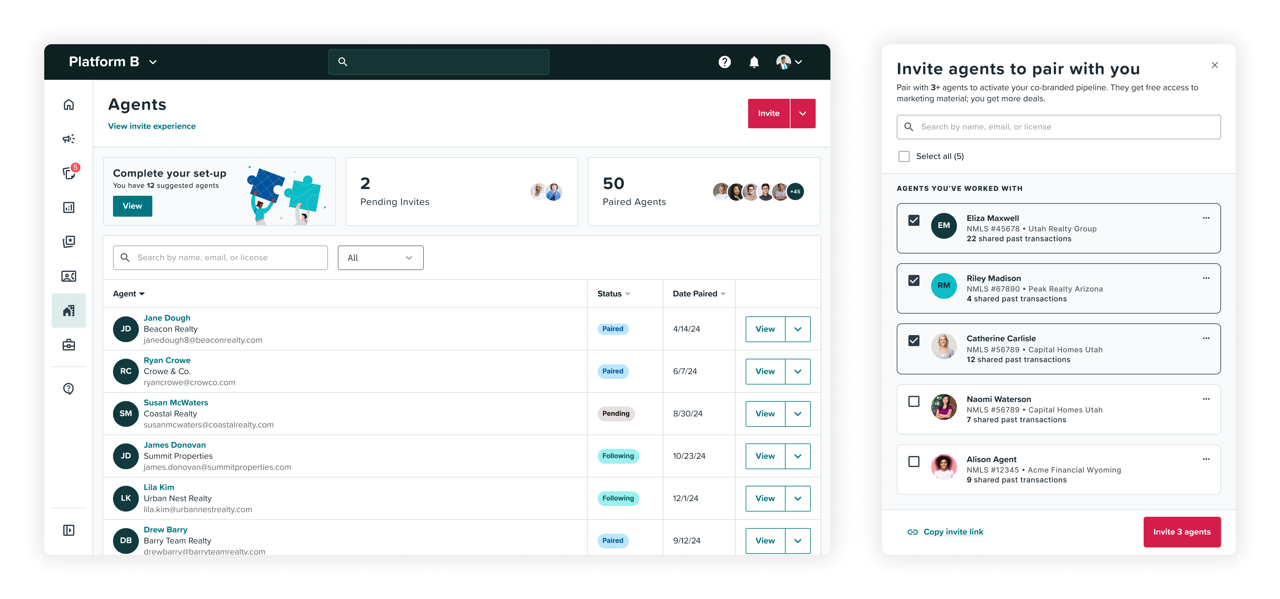 Invite agents to pair modal showing agents you've worked with, shared past transactions, copy invite link, and Invite 3 agents