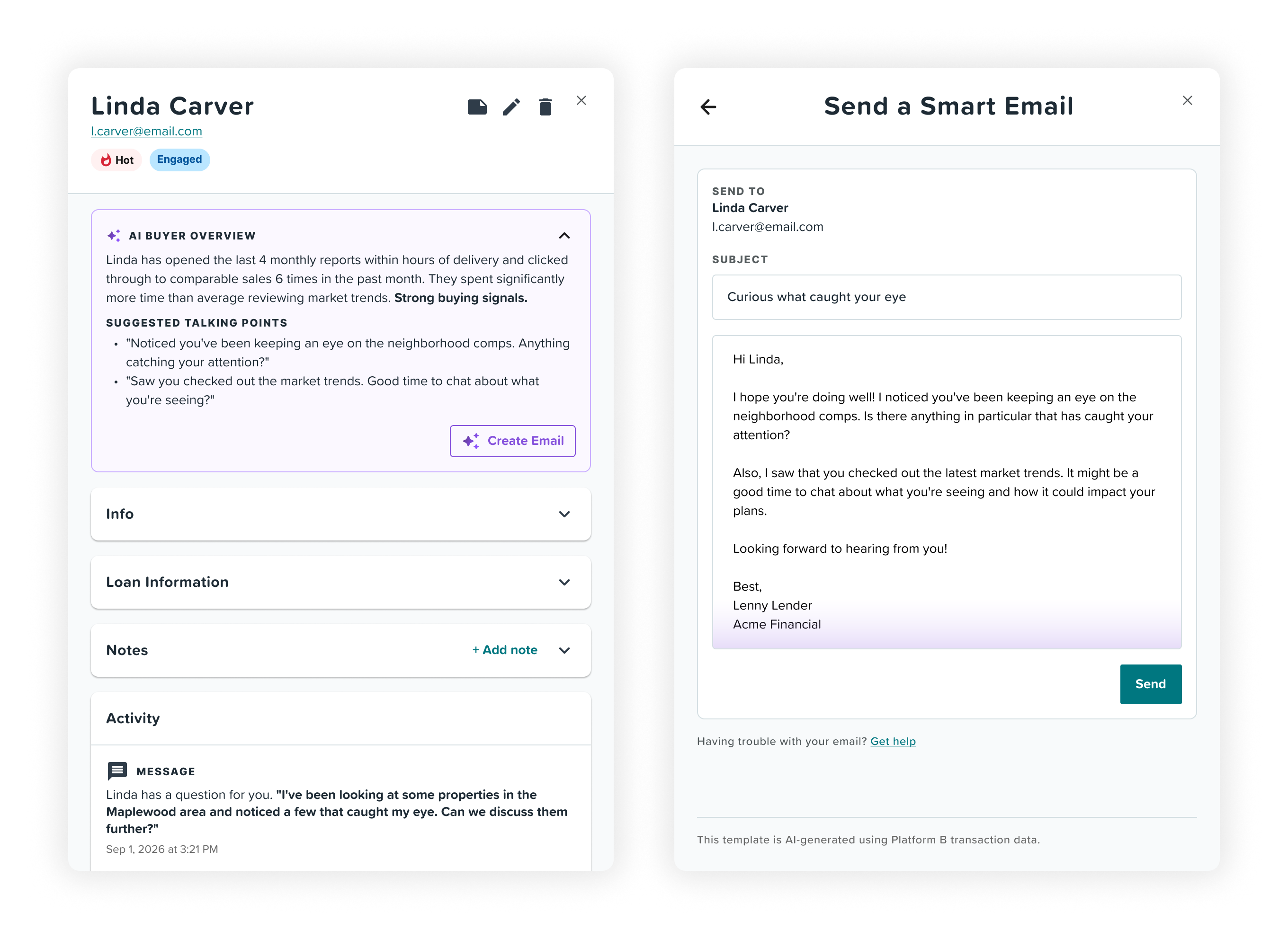 Property Insights AI Buyer Overview for Linda Carver beside a Smart Email draft generated from her activity